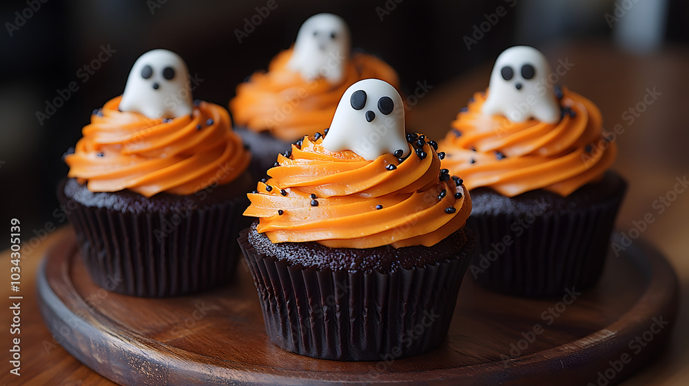 A Row of Black and Orange Cupcakes with Ghost Toppers: A Spooky and Delightful Treat Perfect for Halloween Parties, Celebrations, and Festive Gatherings, Adding a Touch of Whimsy and Fun to Any Occasi A Row of Black and Orange Cupcakes with Ghost Toppers: A Spooky and Delightful Treat Perfect for Halloween Parties, Celebrations, and Festive Gatherings, Adding a Touch of Whimsy and Fun to Any Occasi