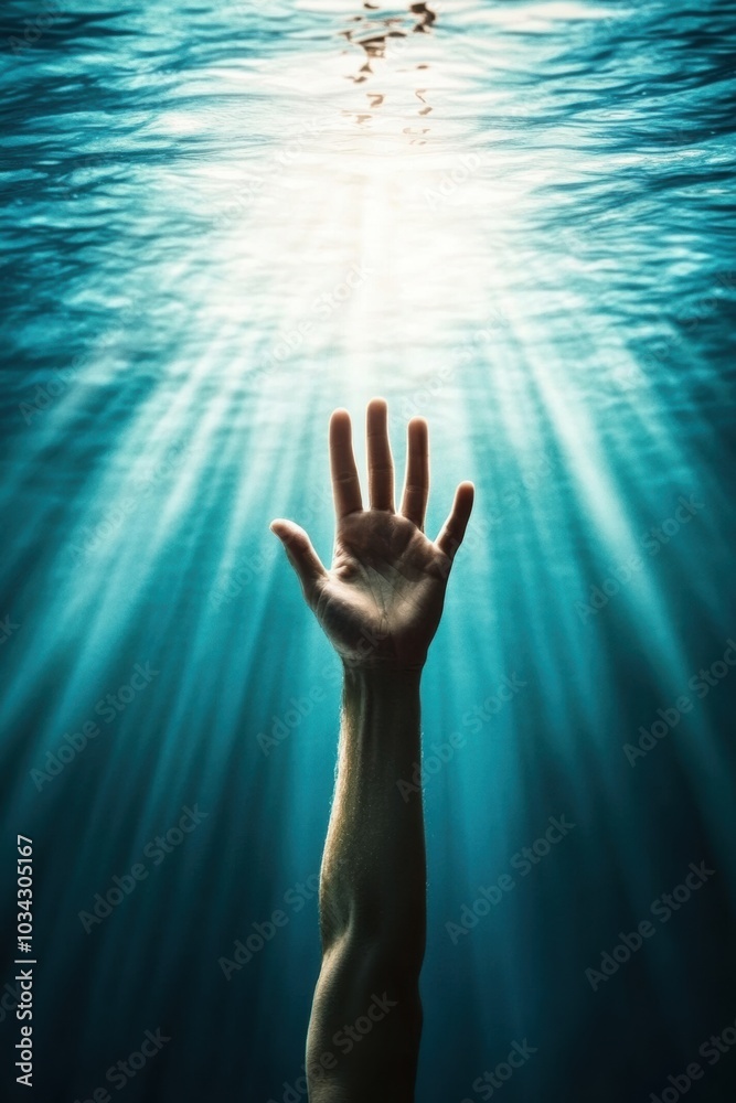 A hand reaches toward the sunlit surface of the water, symbolizing hope and struggle, AI A hand reaches toward the sunlit surface of the water, symbolizing hope and struggle, AI
