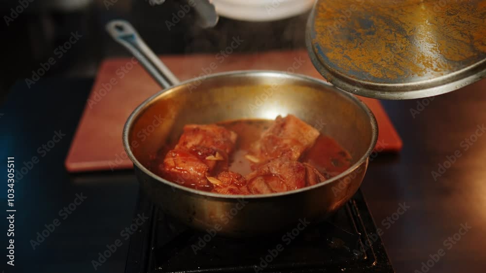The chef prepares veal ribs in sauce. The chef sprinkles spices and herbs on the meat. The concept of meat ribs. The chef prepares veal ribs in sauce. The chef sprinkles spices and herbs on the meat. The concept of meat ribs.