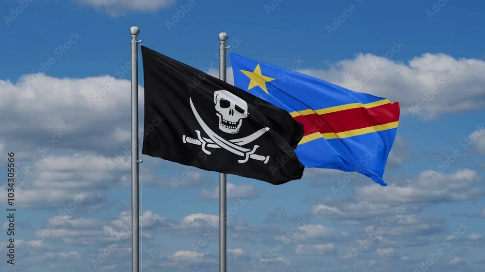 Democratic Republic of the Congo and Corsair flags flying together, video concept of the relationship, two country relations concept Democratic Republic of the Congo and Corsair flags flying together, video concept of the relationship, two country relations concept