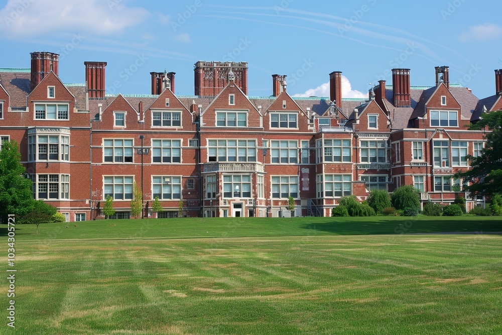 A majestic red brick building with multiple windows and architectural details stands proudly on a university campus, surrounded by beautifully maintained green lawns under a clear sky. A majestic red brick building with multiple windows and architectural details stands proudly on a university campus, surrounded by beautifully maintained green lawns under a clear sky.