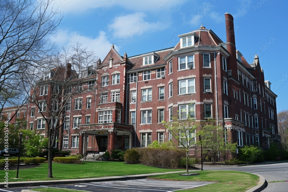 Naklejka premium A large, vintage brick structure showcases detailed architectural features, set against a backdrop of blue skies and newly sprouted trees on a bright day.