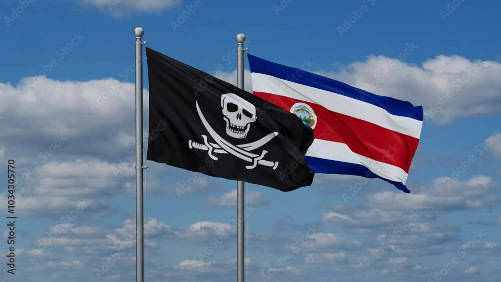 Costa Rico and Corsair flags flying together, video concept of the relationship, two country cooperation concept Costa Rico and Corsair flags flying together, video concept of the relationship, two country cooperation concept