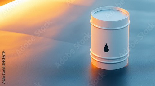 A white oil barrel with a black drop of oil symbol stands on a gradient background. photo