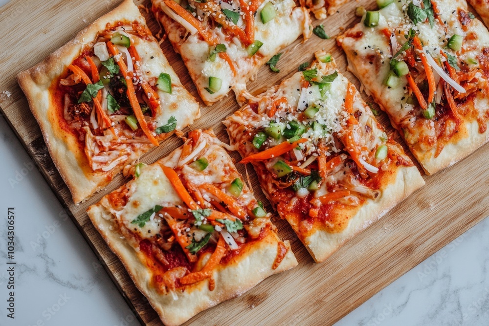 Savory Flatbread Pizza with Veggies and Cheese on Wooden Board – Vibrant Culinary Delight for Food Photography Savory Flatbread Pizza with Veggies and Cheese on Wooden Board – Vibrant Culinary Delight for Food Photography