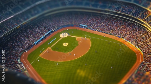 Bird's-eye view of a full baseball stadium on a sunny afternoon, with players on the field and spectators in the stands