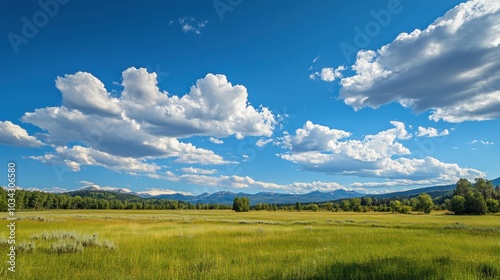 A serene landscape featuring a grassy field under a blue sky with fluffy clouds and mountains.