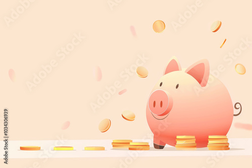 A cute piggy bank appears joyful as coins cascade around it in a light-colored background, symbolizing savings, wealth, and financial aspirations photo