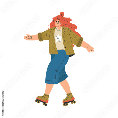 Redhead Woman Character Roller Skating Ride on Rollers Vector Illustration