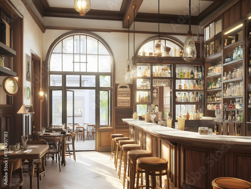 Elegant Bar Interior with Wooden Bar Counter Shelving and Sunlight Streaming Through Window