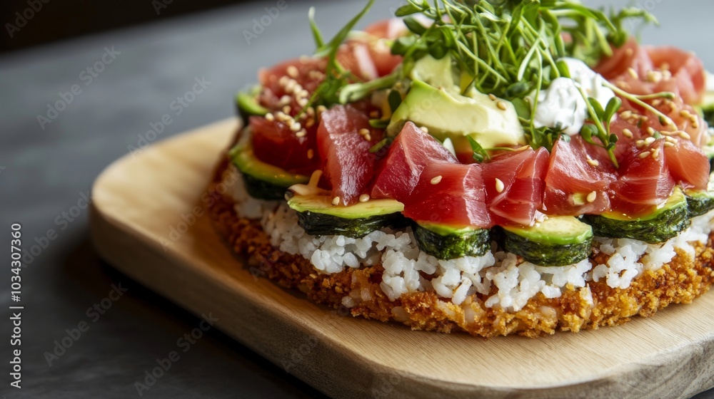 Vibrant Ahi Tuna Sushi Pizza with Avocado, Microgreens, and Sesame Seeds - A Fusion of Fresh Flavors and Textures