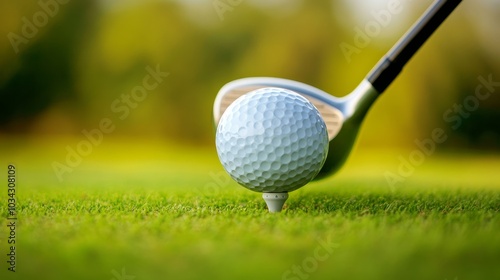 Close-up of a golf ball on a tee, accompanied by an elegant golf driver, with well-maintained green grass on a pristine golf course