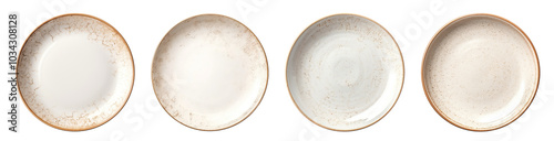 Set of vintage, retro, provence ceramic different empty beige plates or saucers with a rustic edge texture. Isolated cutout on transparent or white background.