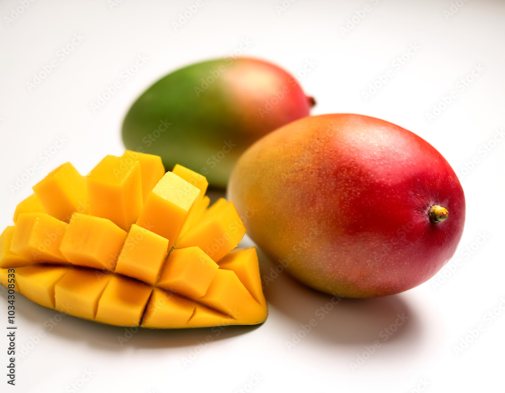 mangoes whole and sliced pattern with side position provides copy space for text. background concept isolated white mangoes whole and sliced pattern with side position provides copy space for text. background concept isolated white