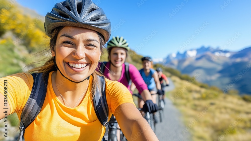 Friends enjoying a bicycle ride on a scenic mountain trail under a clear blue sky Friends enjoying a bicycle ride on a scenic mountain trail under a clear blue sky