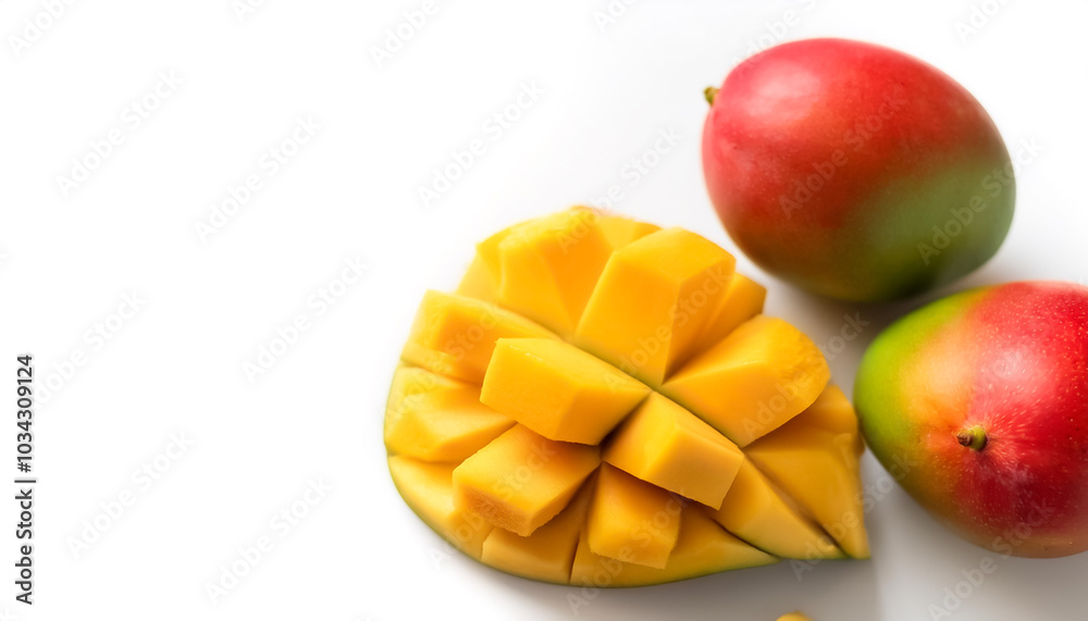 mangoes whole and sliced pattern with side position provides copy space for text. background concept isolated white mangoes whole and sliced pattern with side position provides copy space for text. background concept isolated white
