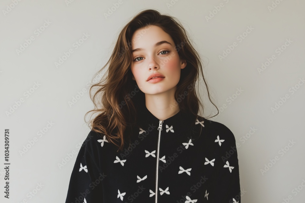 woman wearing a black half-zip sweater with white bow patterns. The mood is chic and modern with a minimalist aesthetic woman wearing a black half-zip sweater with white bow patterns. The mood is chic and modern with a minimalist aesthetic