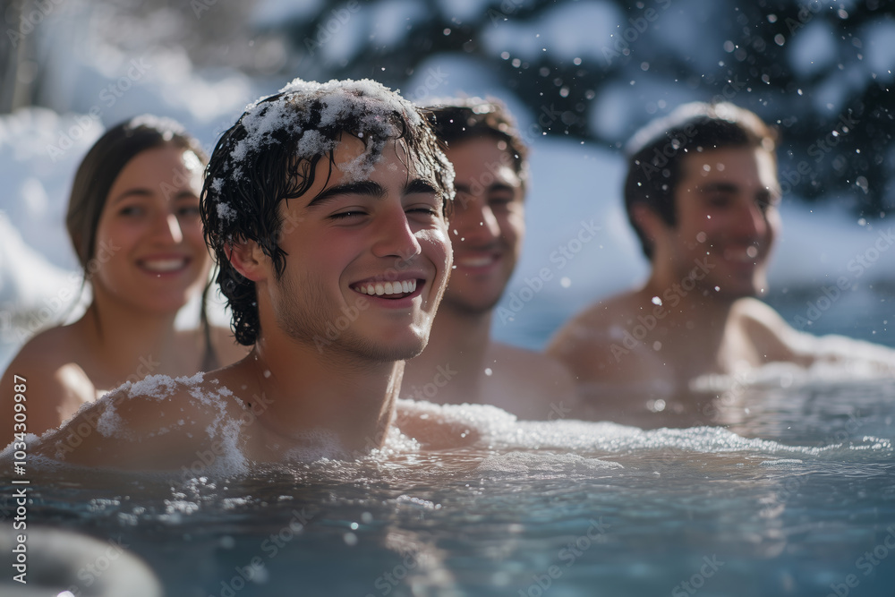 Friends share joyous moments soaking in tranquil hot springs during winter Friends share joyous moments soaking in tranquil hot springs during winter