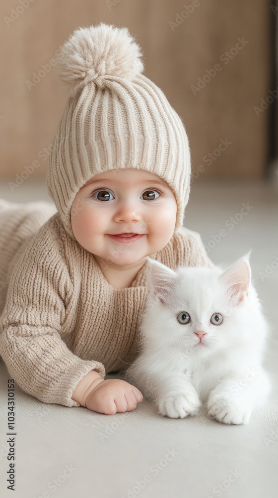 A joyful child embraces a fluffy white kitten, both wearing matching expressions of happiness, against a soft, neutral background A joyful child embraces a fluffy white kitten, both wearing matching expressions of happiness, against a soft, neutral background