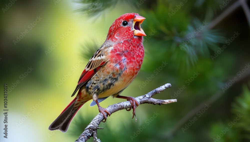A bright red finch chirping while perched on a delicate branch its feathers vibrant against the forest background A bright red finch chirping while perched on a delicate branch its feathers vibrant against the forest background
