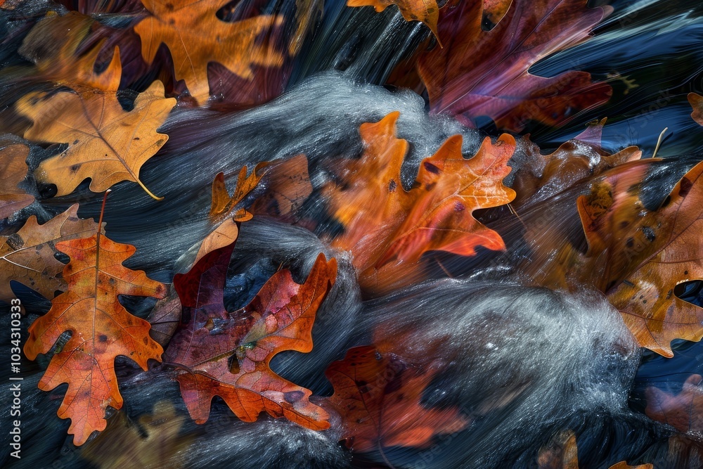 Bright orange and red maple leaves drift on the surface of a clear stream, surrounded by dark water as the autumn foliage enhances the tranquility of the woodland. Bright orange and red maple leaves drift on the surface of a clear stream, surrounded by dark water as the autumn foliage enhances the tranquility of the woodland.