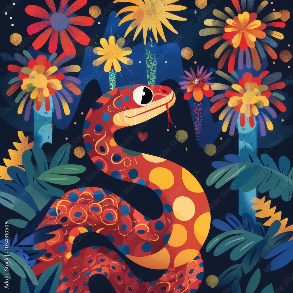 A cute snake, a flat illustration style with colorful fireworks around it, a dark blue background, bright colors, a cheerful mood A cute snake, a flat illustration style with colorful fireworks around it, a dark blue background, bright colors, a cheerful mood