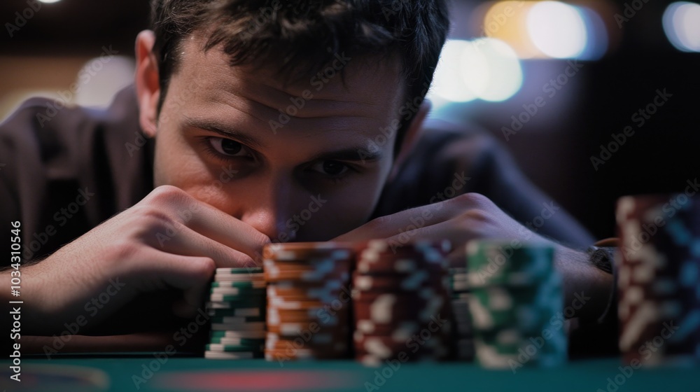 Close-up of a player's contemplative expression over a stack of poker chips, revealing the emotional investment in casino games. Close-up of a player's contemplative expression over a stack of poker chips, revealing the emotional investment in casino games.