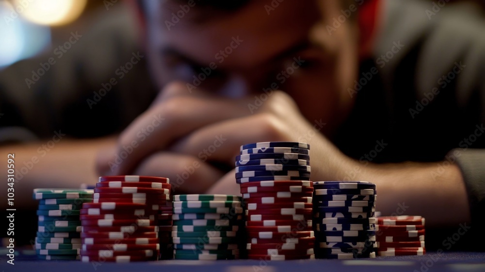 Close-up of a player's contemplative expression over a pile of poker chips, revealing the mental focus required in gambling.