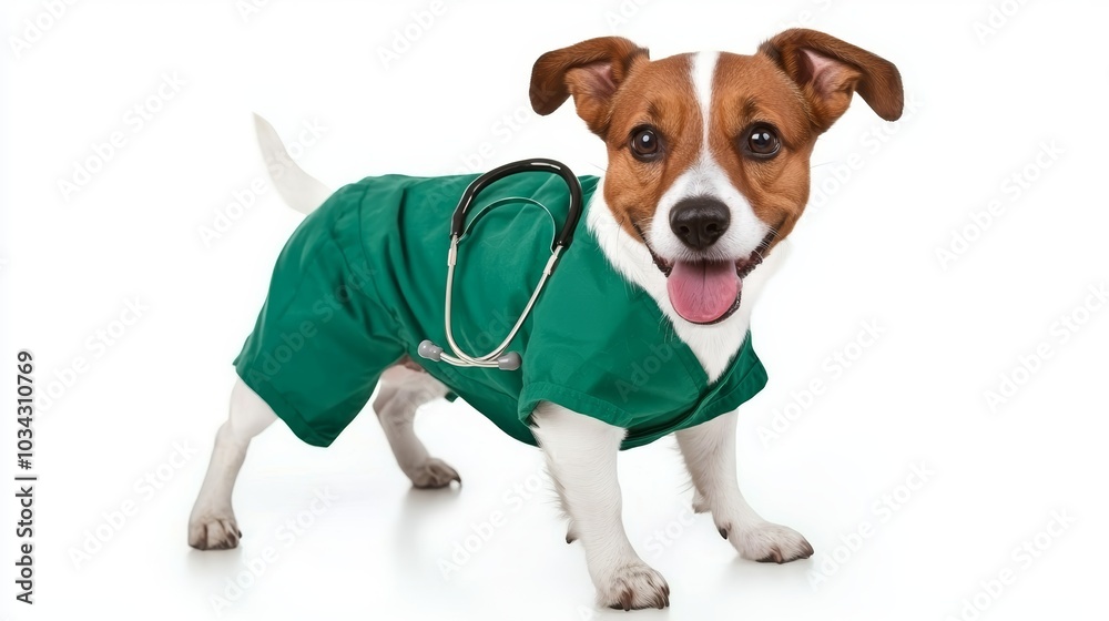 Adorable dog wearing green medical scrubs, posing as a vet, symbolizing playful professionalism, veterinary care, and pet healthcare Adorable dog wearing green medical scrubs, posing as a vet, symbolizing playful professionalism, veterinary care, and pet healthcare