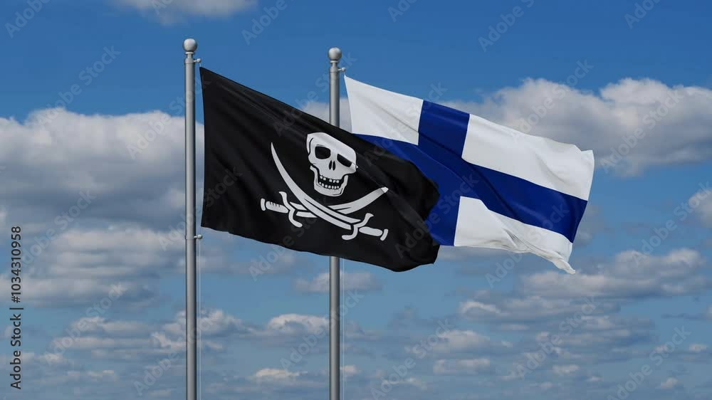 Finland and Corsair flags flying together, video concept of the relationship, two country relations concept Finland and Corsair flags flying together, video concept of the relationship, two country relations concept