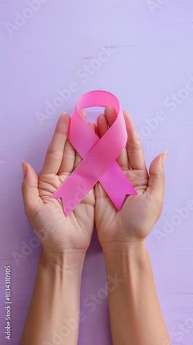 Wallpaper Mural Pink ribbon held in woman hands symbolizing the fight against cancer on soft solid background Torontodigital.ca