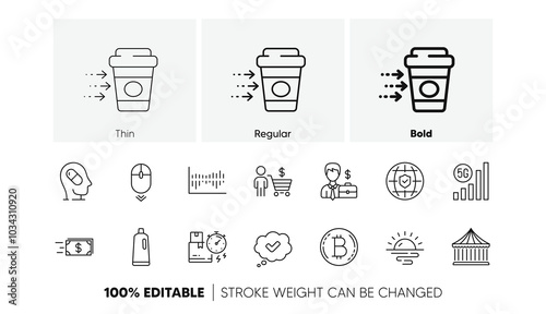 Shampoo, Carousels and Sunrise line icons. Pack of Scroll down, Global insurance, Column diagram icon. Businessman case, Buyer, Depression treatment pictogram. Bitcoin, Delivery time. Vector