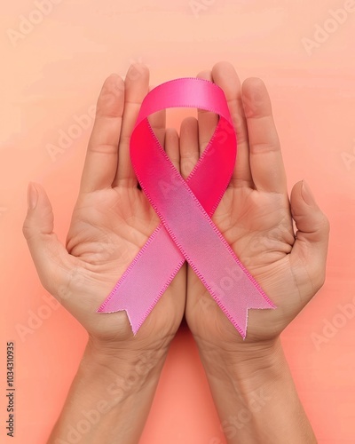 Pink ribbon held in woman hands symbolizing the fight against cancer on soft solid background photo