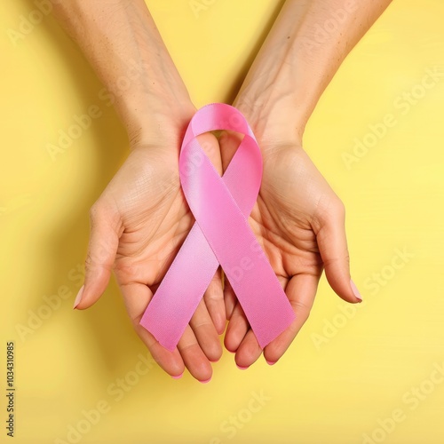 Pink ribbon held in woman hands symbolizing the fight against cancer on soft solid background photo