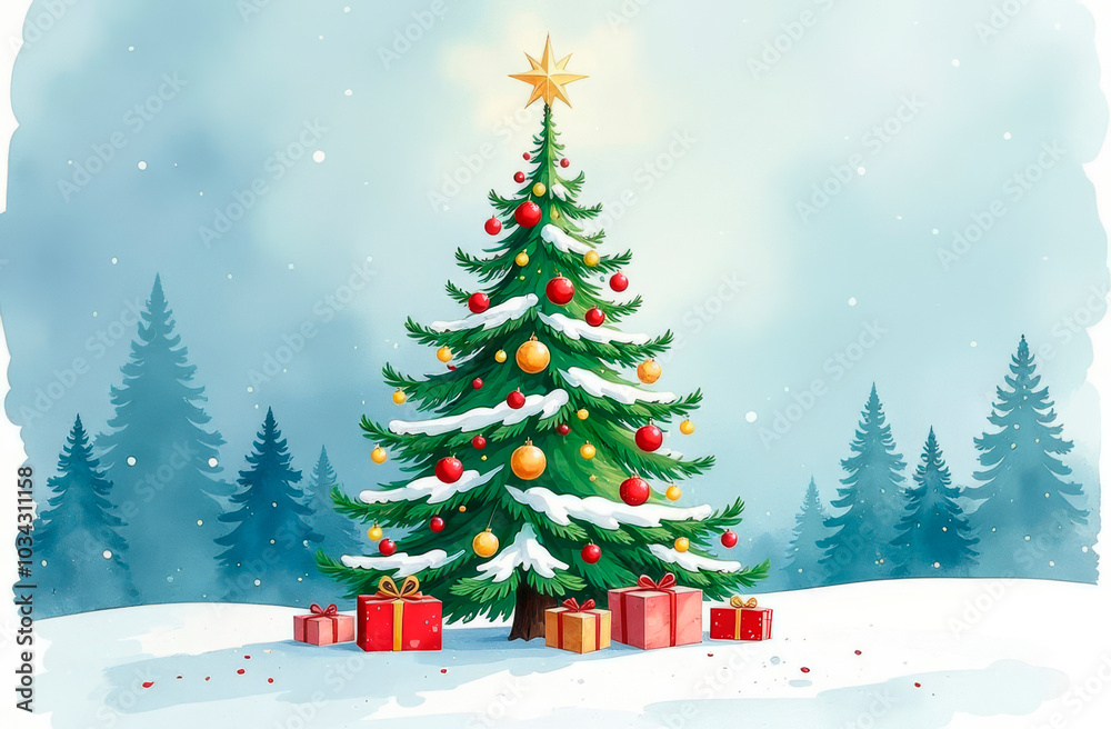 Fototapeta premium A decorated Christmas tree with a star on top on a winter background. Illustration. Space for text