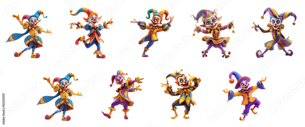 Happy jester dancing and posing, 3D cartoon illustration, isolated on transparent background, cute animated style, beautiful colors, Generative ai