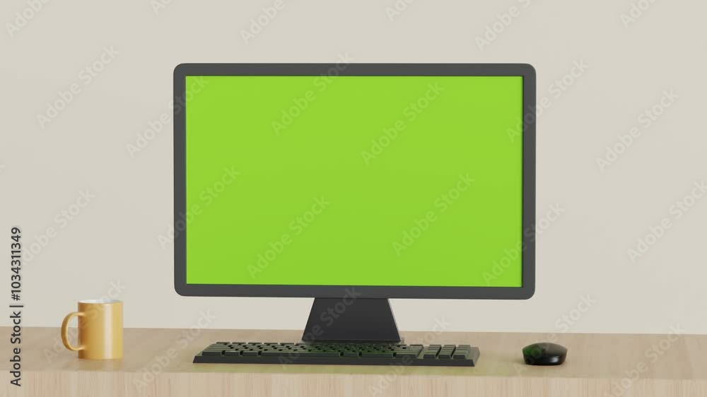 3d animation of a work space with computer monitor and green screen mockup 3d animation of a work space with computer monitor and green screen mockup