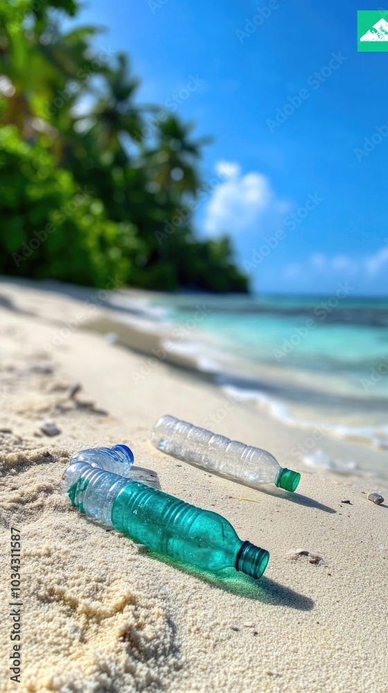 Image shows discarded plastic bottles on a sandy beach, highlighting pollution amid a tropical paradise with palm trees and a clear blue sky. Image shows discarded plastic bottles on a sandy beach, highlighting pollution amid a tropical paradise with palm trees and a clear blue sky.