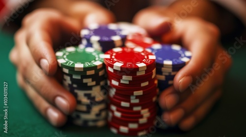 Close-up of a player's hands holding a winning combination of poker chips, showcasing victory and skill in gaming.