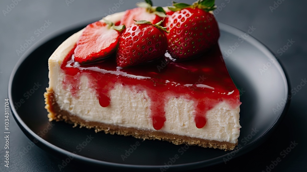 A decadent slice of creamy cheesecake is garnished with vibrant fresh strawberries, elegantly presented on a sleek black plate in a contemporary environment. A decadent slice of creamy cheesecake is garnished with vibrant fresh strawberries, elegantly presented on a sleek black plate in a contemporary environment.