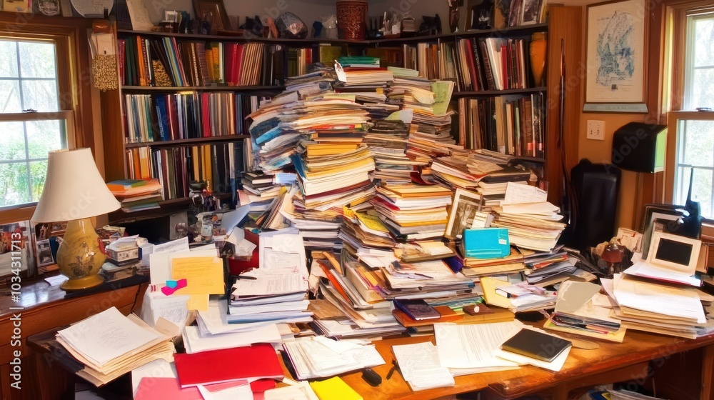 A Desk Overflowing with Books, Papers, and Clutter