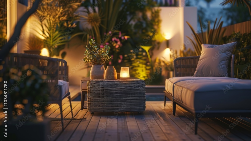 Fototapeta premium A modern and understated outdoor patio with comfortable outdoor furniture a few potted plants and soft lighting offering a peaceful retreat from the hectic world.