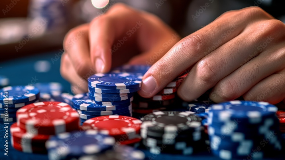 Close-up of a player's hands shuffling poker chips, showcasing the skill and dexterity required in traditional gaming.