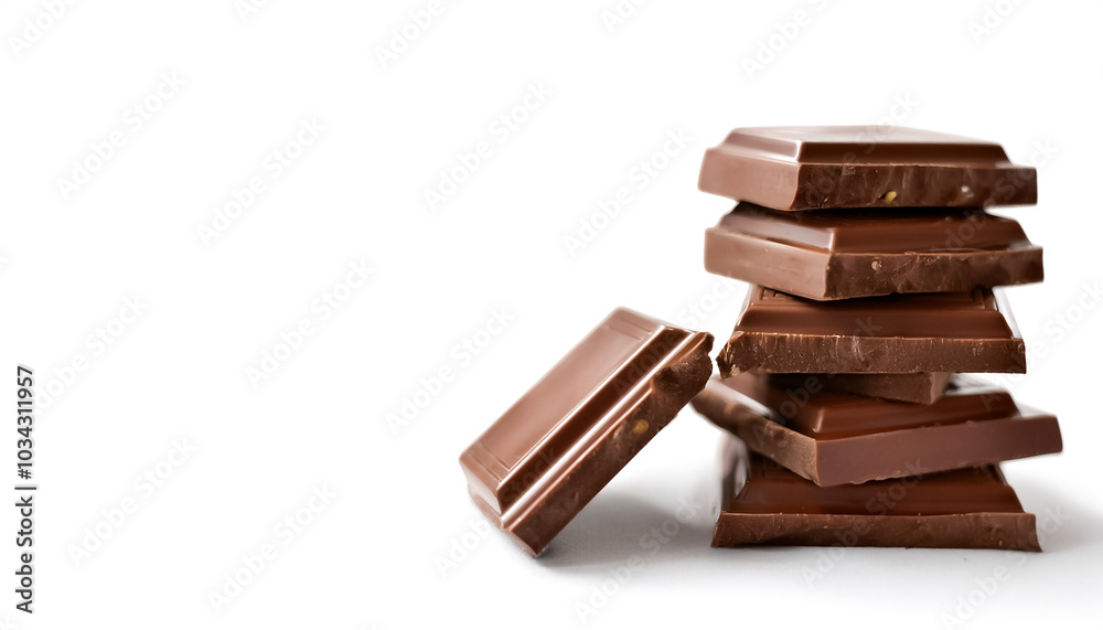 Milk chocolate pieces pattern with side position provides copy space for text. background concept isolated white Milk chocolate pieces pattern with side position provides copy space for text. background concept isolated white