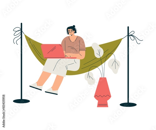 Man Character Swing on Hammock with Laptop Hang with Rope Enjoy Recreation Vector Illustration
