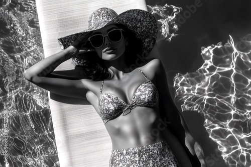 Young sensual lovely woman in bikini swimming and relaxing in swimming pool. Summer holiday. Girl swims in the pool of a luxury hotel, summer vacation. Spa, wellness.