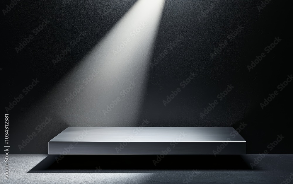 Polished stainless steel counter with spotlight shining above, modern and sleek design, perfect for contemporary kitchen or industrial interior themes Polished stainless steel counter with spotlight shining above, modern and sleek design, perfect for contemporary kitchen or industrial interior themes