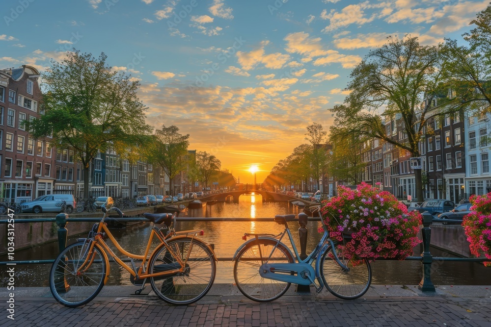 Obraz premium Two bicycles rest by a canal as the sun sets in Amsterdam, casting a warm glow on the water and illuminating the colorful flowers along the bank.