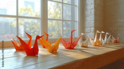 Colorful Origami Swans on Wooden Table by Window