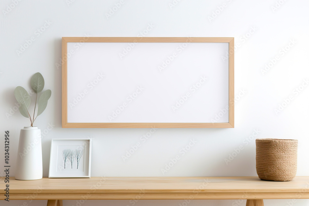Mockup of an empty wooden frame on a shelf, against a light wall Mockup of an empty wooden frame on a shelf, against a light wall